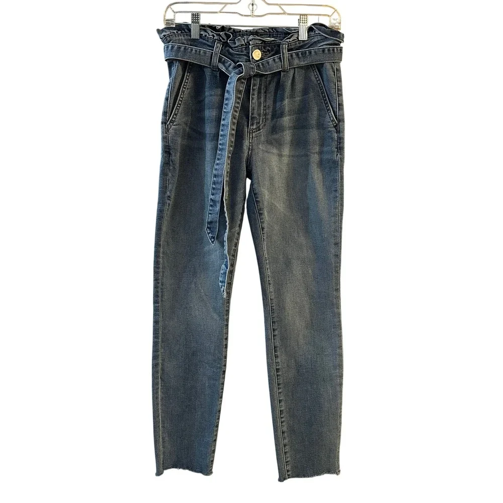 ASHLEY MASON Paperbag‎ High Waist Belted Denim Jeans Size 9 Frayed Raw Hem